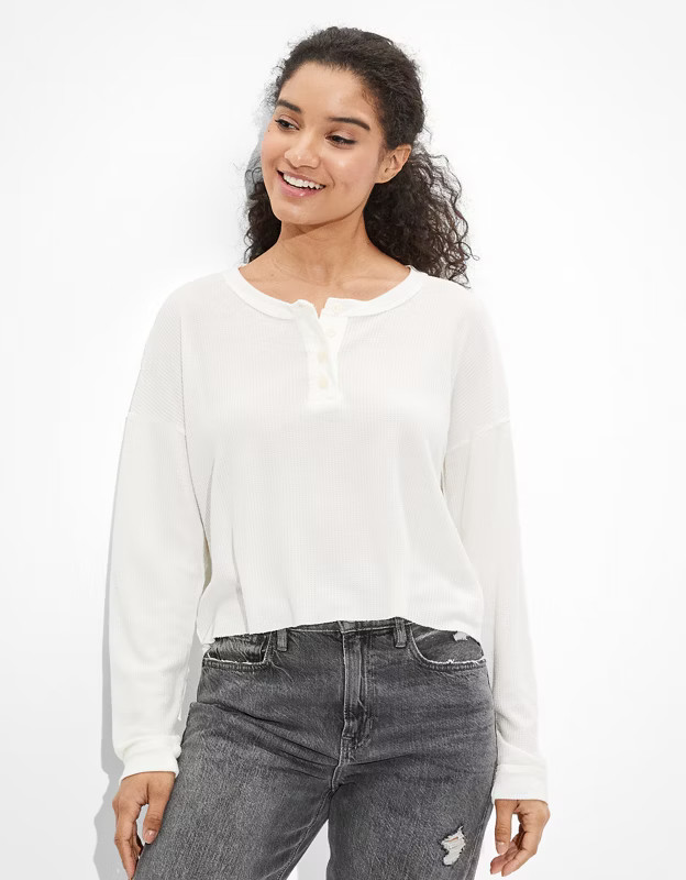 AE Cropped Long-Sleeve Henley T-Shirt | American Eagle Outfitters (US & CA)