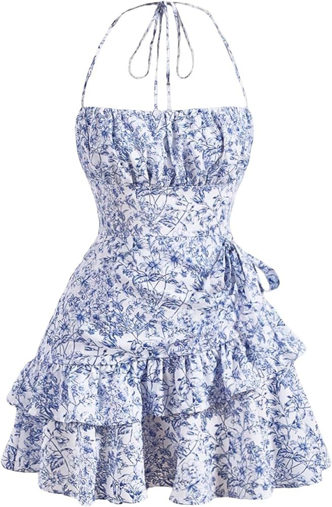 Floerns Women's Floral Print Sleeveless Halter Tie Back Layered Hem Cami Mini Dress | Amazon (US)