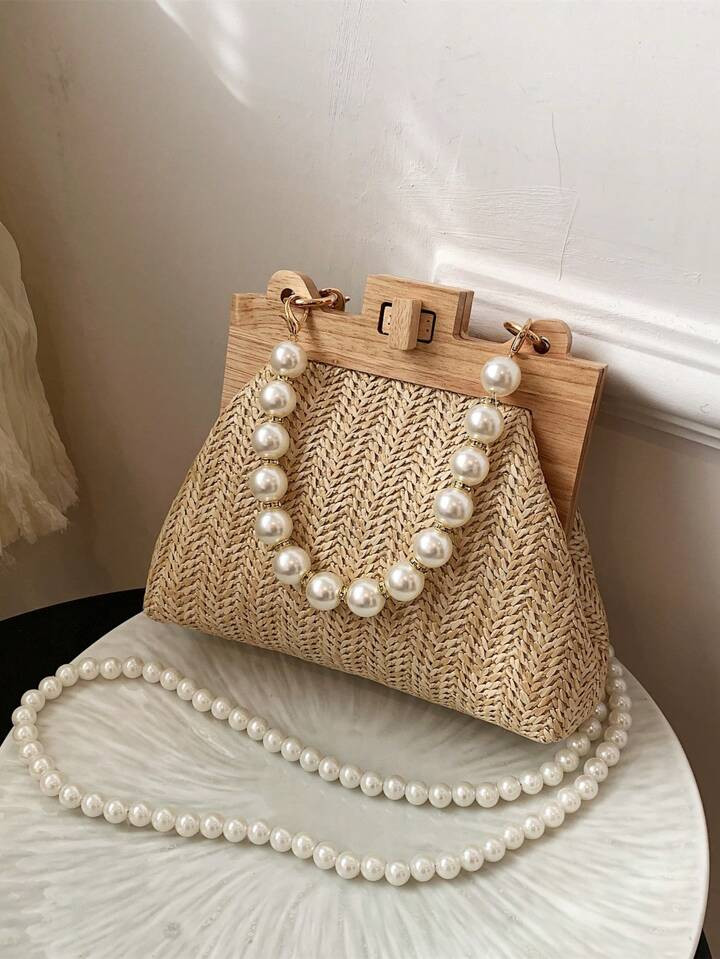 Mini Straw Bag Faux Pearl Decor Twist Lock,Perfect For Summer Beach Travel Vacation | SHEIN