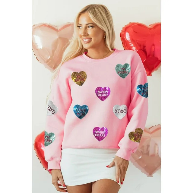 Azura Exchange Pink Sequin Romantic Letters Heart Graphic Valentines Sweatshirt Women Sweatshirts... | Walmart (US)
