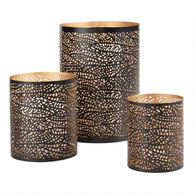 Black & Gold Leaf Hurricane Candleholder | World Market