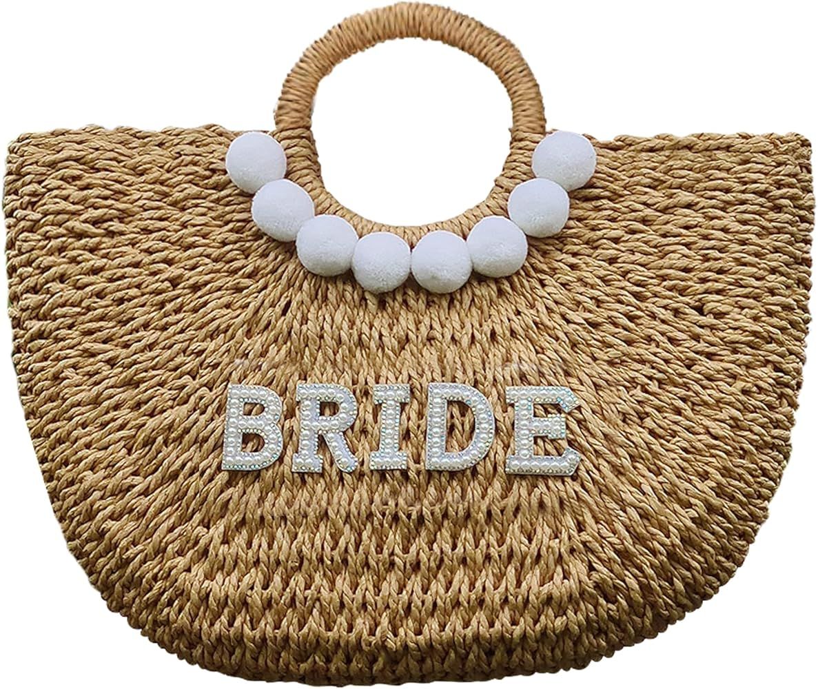 PureRejuva Bride Beach Bag – Handwoven Straw - Rhinestone & Pearl Letters – Bachelorette, Wed... | Amazon (US)