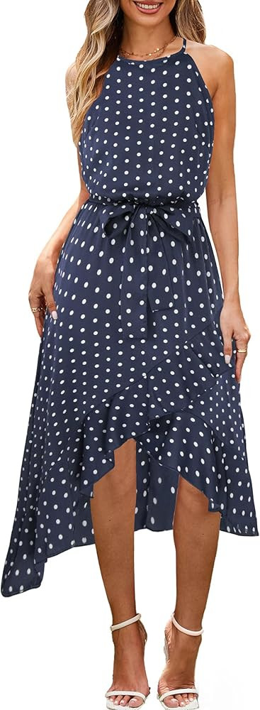 ECOWISH Polka Dot Women Summer Dress Midi A Line Ruffle High Low Sleeveless Boho Floral Halternec... | Amazon (US)
