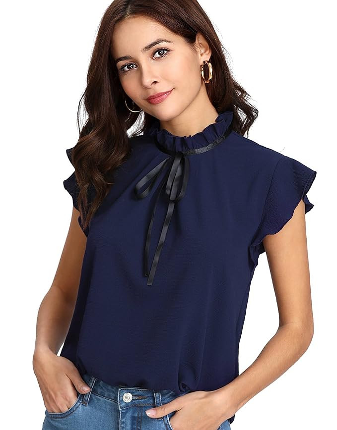Romwe Women's Casual Short Sleeve Bow Tie Blouse Top Shirts | Amazon (US)