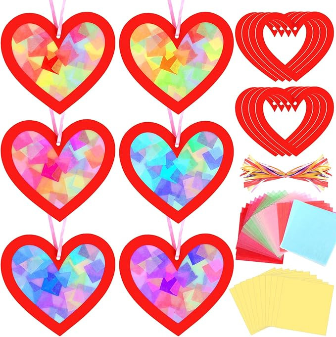 Qyeahkj 36 Set Valentine's Day Suncatchers Craft for Kids DIY Heart Window Tissue Paper Crafts Ki... | Amazon (US)