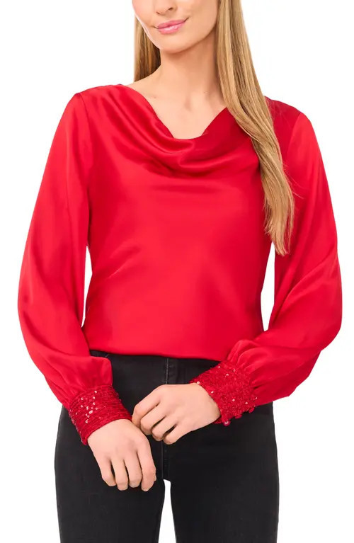 CeCe Cowl Neck Sequin Cuff Charmeuse Top in Stoplight Red at Nordstrom, Size X-Small | Nordstrom