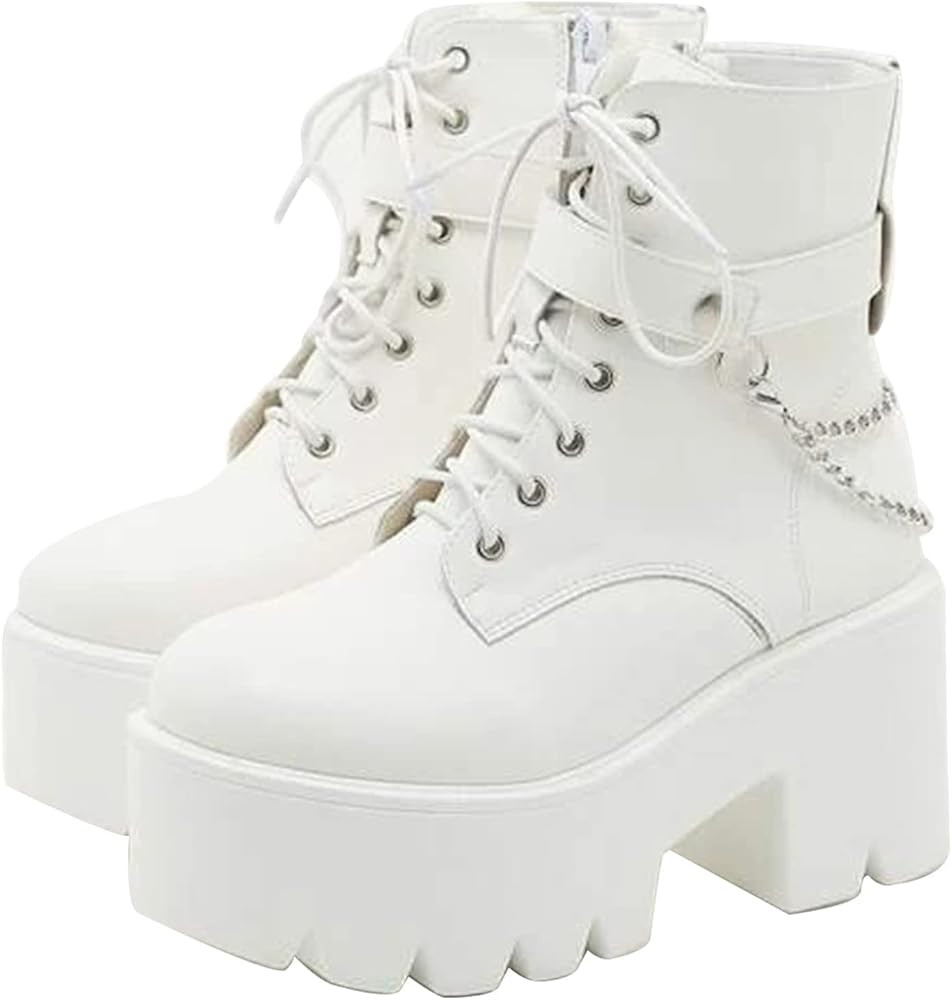 CYNLLIO Fashion Block Heel Platform Combat Ankle Booties Women's Lace up Studded Motorcycle Boots... | Amazon (US)