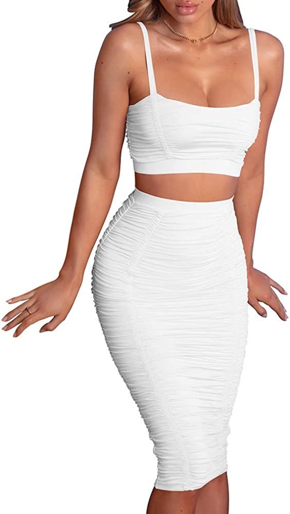 GOKATOSAU Women's Sexy Cami Crop Top Casual Skirt 2 Piece Ruched Outfits Club Midi Dress | Amazon (US)