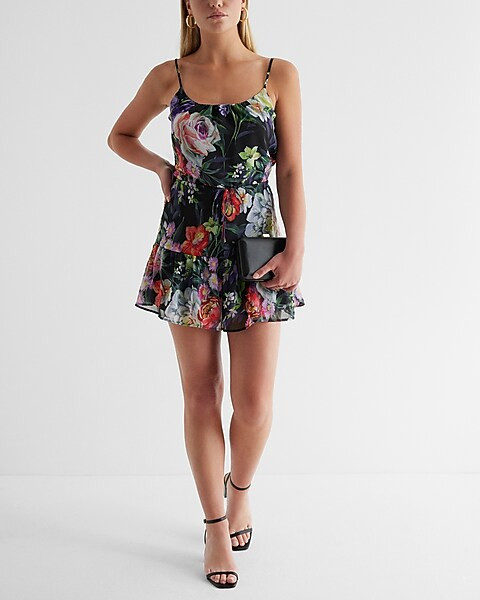 Floral Scoop Neck Tie Waist Romper | Express
