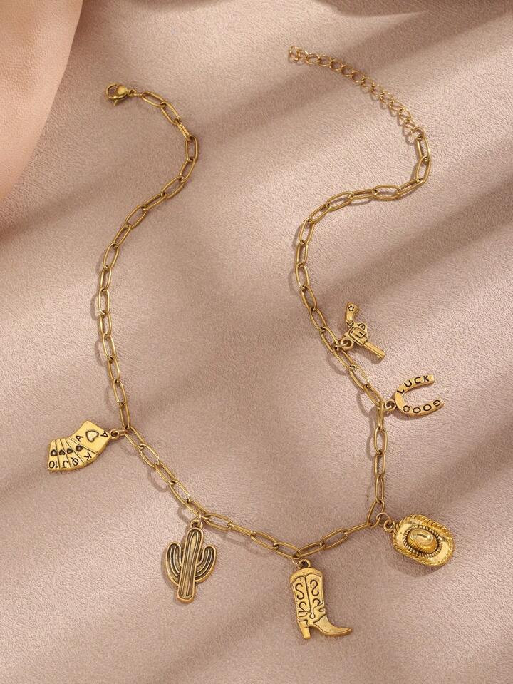 1pc Western Style Cowboy Boot, Gun, Cactus Pendant Necklace, Casual Cowboy Hat And Playing Cards ... | SHEIN
