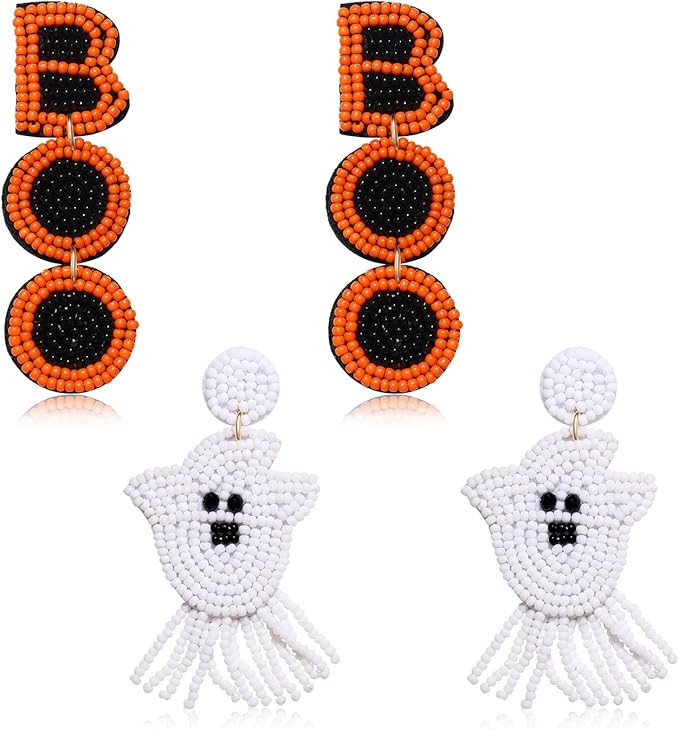 Halloween Earrings Beaded Fringe Pumpkin Spooky Ghost Dangle Earrings Halloween Costume Accessory... | Amazon (US)