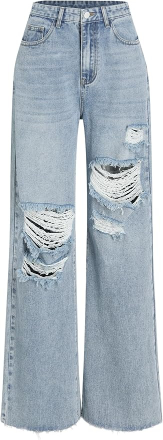 CIDER Women’s Ripped Jeans High Waisted Distressed Baggy Straight Wide Leg Pants | Amazon (US)