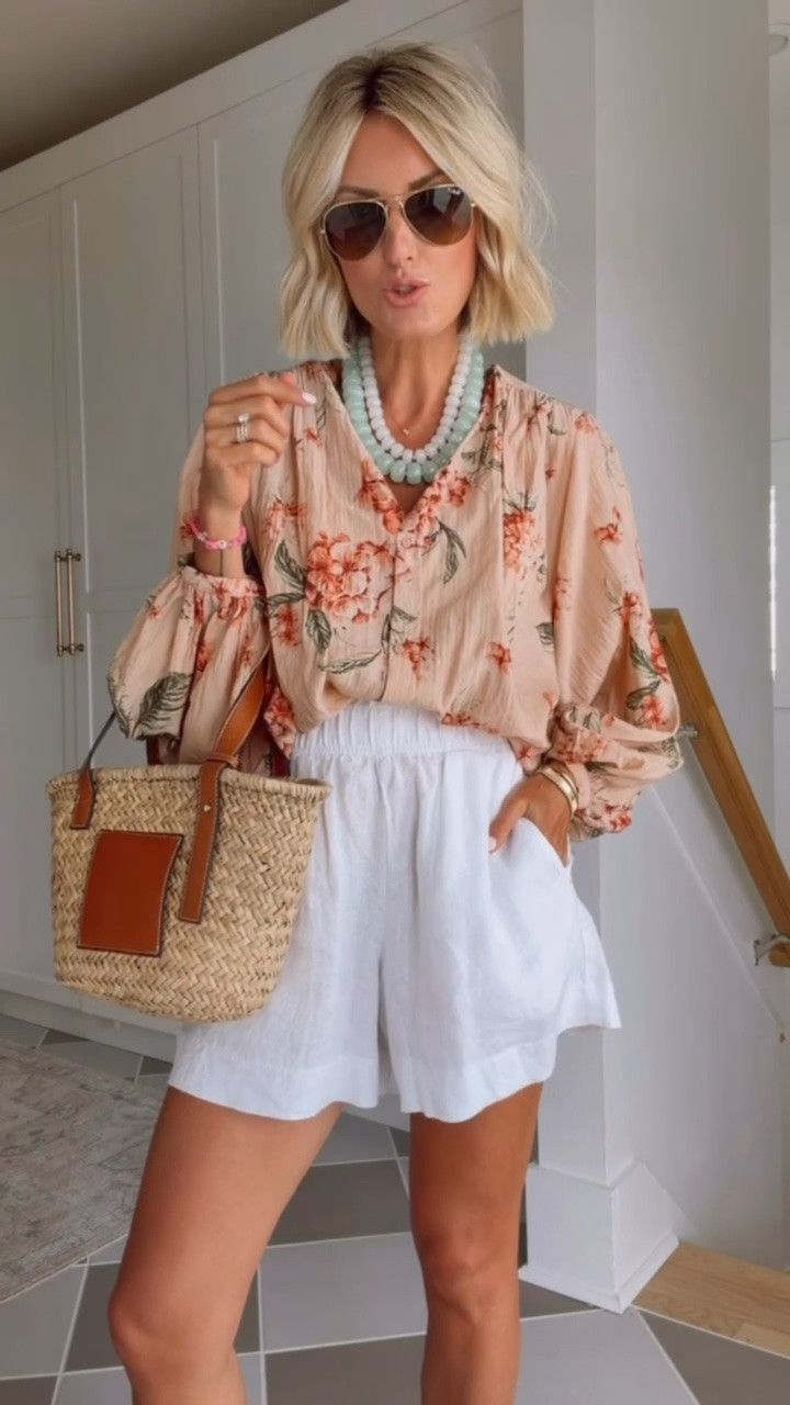 The fact this top and shorts is from Walmart is insane! These pieces look so high end and I am in love with the quality. Wearing XS top and S shorts. 

Loverly grey, Walmart fashion finds, Amazon accessories, designer Loewe inspired bag, Walmart style, affordable fashion closet staples, floral peach blouse, white linen shorts outfit

#LTKSeasonal #LTKTravel #LTKootd