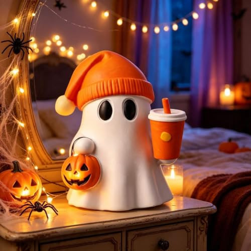 Ghost Drinking Coffee Figurine with Pumpkin Basket, Resin Cute Halloween Coffees Bar Decor, White Ghost Tabletop Decor for Indoor Home Office Bookshelf Coffee Table Centerpieces Party Props | Amazon (US)