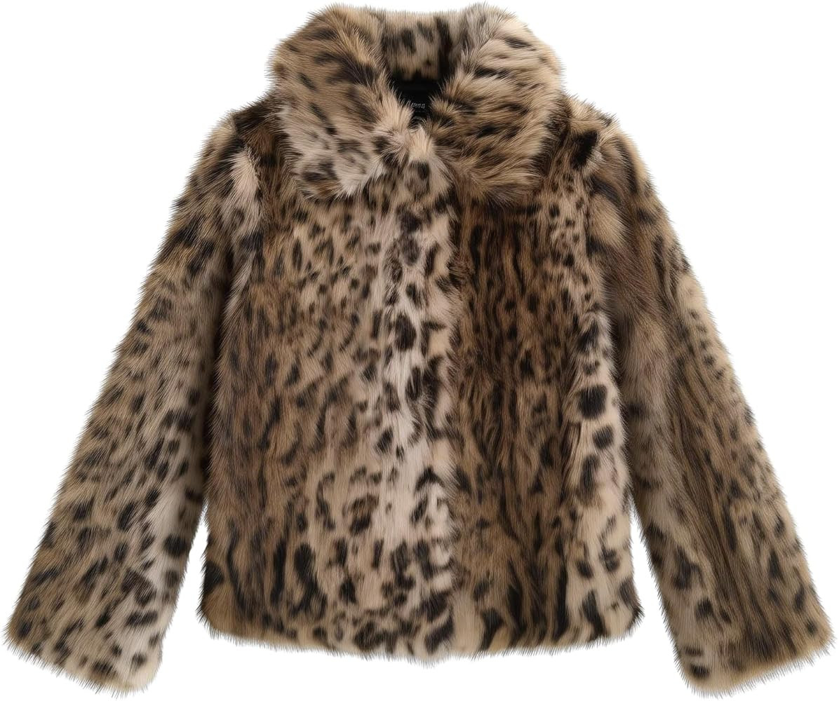 ebossy Women's Faux Fur Crop Jacket Long Sleeve Cozy Winter Warm Fluffy Leopard Pure Color Sherpa... | Amazon (US)