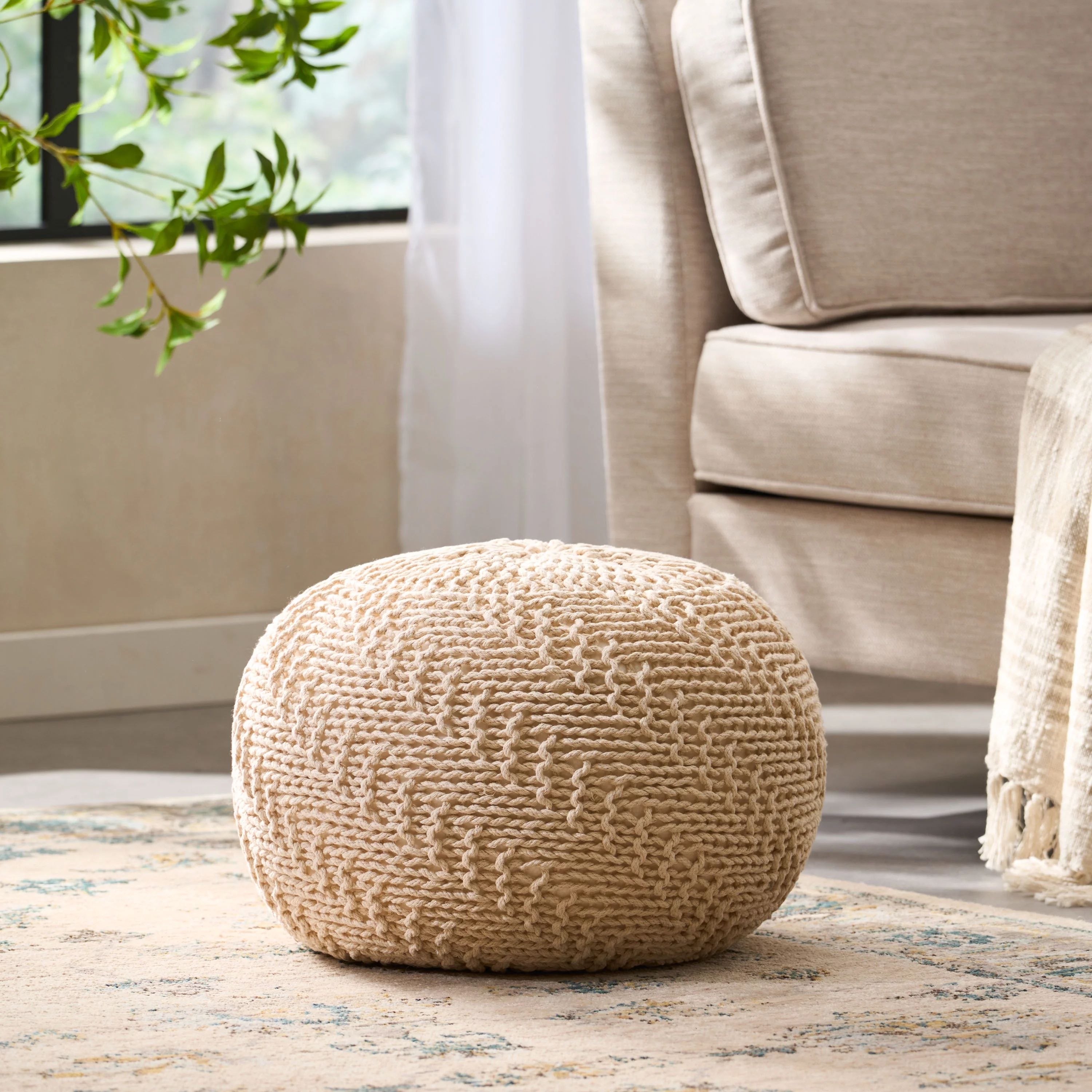 Noble House Knitted Cotton Pouf, Beige | Walmart (US)