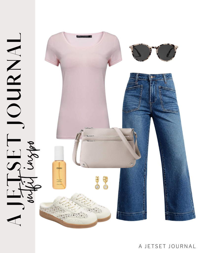 Another awesome outfit is this light pink OThread & Co. t-shirt with cropped wide-leg jeans and LUCKY STEP fashion sneakers. This WESTBRONCO crossbody bag and SOJOS sunnies will be your accessories. To complete the look, pop on your gold dangle earrings and use OUAI wave spray on your hair. 

#LTKSeasonal #LTKSaleAlert #LTKTravel
 

 