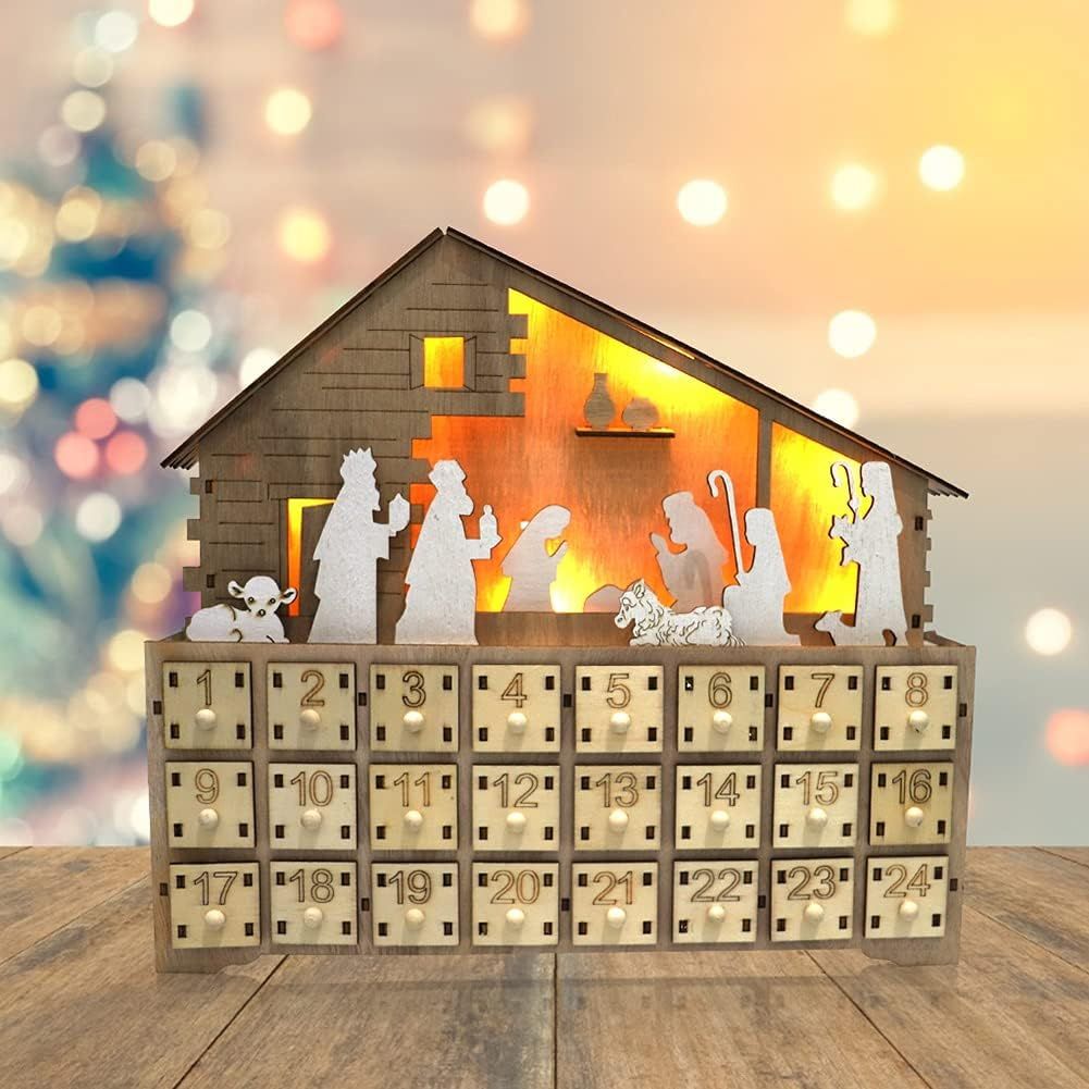 Kingkun Wooden Christmas Led Light Advent Calendar Cabinet Nativity Home Decoration Wooden Desk C... | Amazon (US)