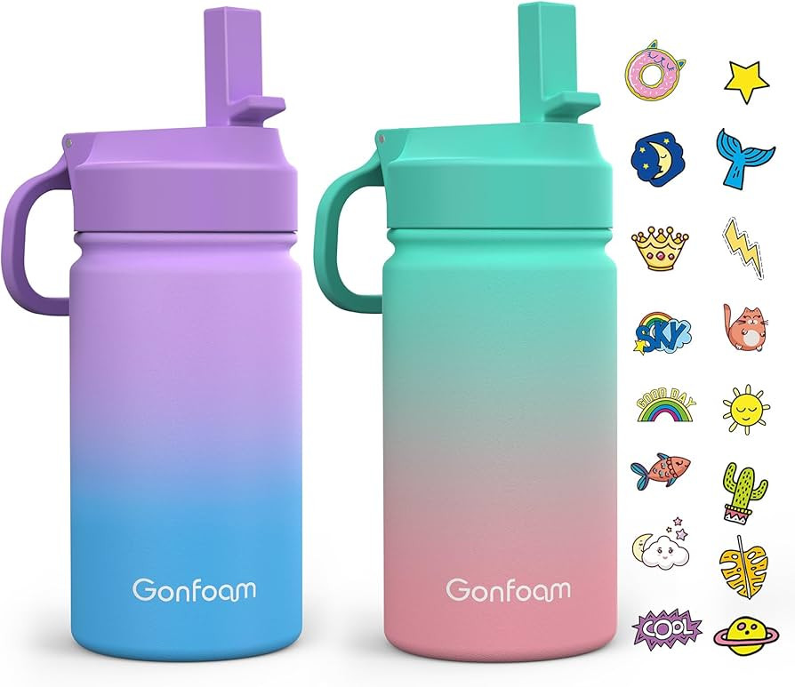 Kids Water Bottle, 2-Pack 12oz Water Bottles Kids with Straw and Stickers, Stainless Steel Vacuum... | Amazon (US)