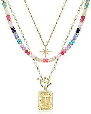 MJartoria Layered Initial Necklaces for Women Trendy, 14K Gold Plated Brass Simple Star Choker Sq... | Amazon (US)