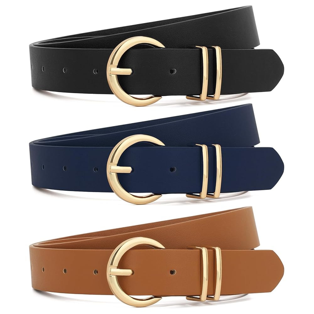 XZQTIVE 3 Pack Women Belts For Jeans Dresses Pants Ladies Leather Waist Belt with Gold Buckle | Amazon (US)