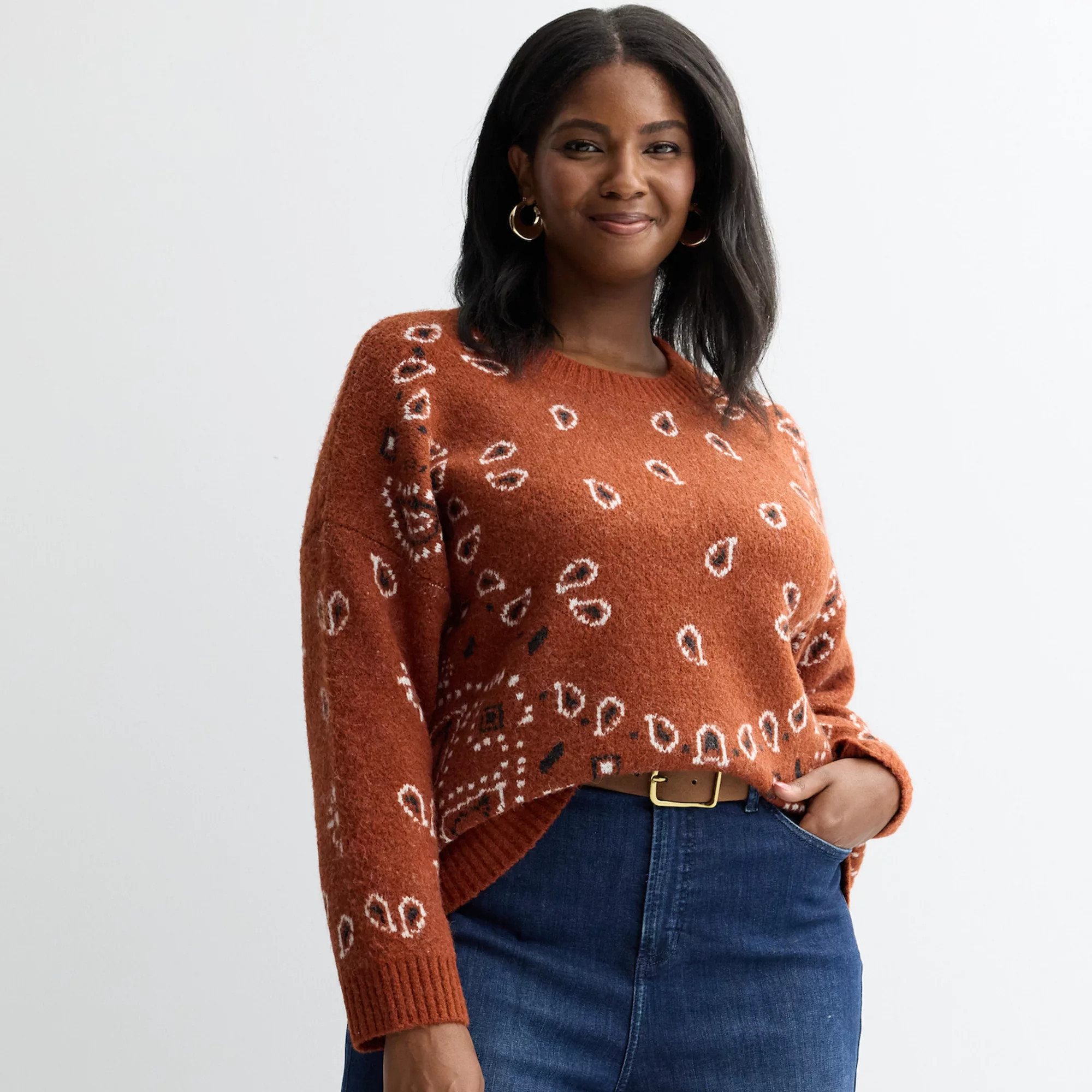 Plus Size Chelsea & Theodore Long Sleeve Crewneck Bandana Print Sweater | Kohl's