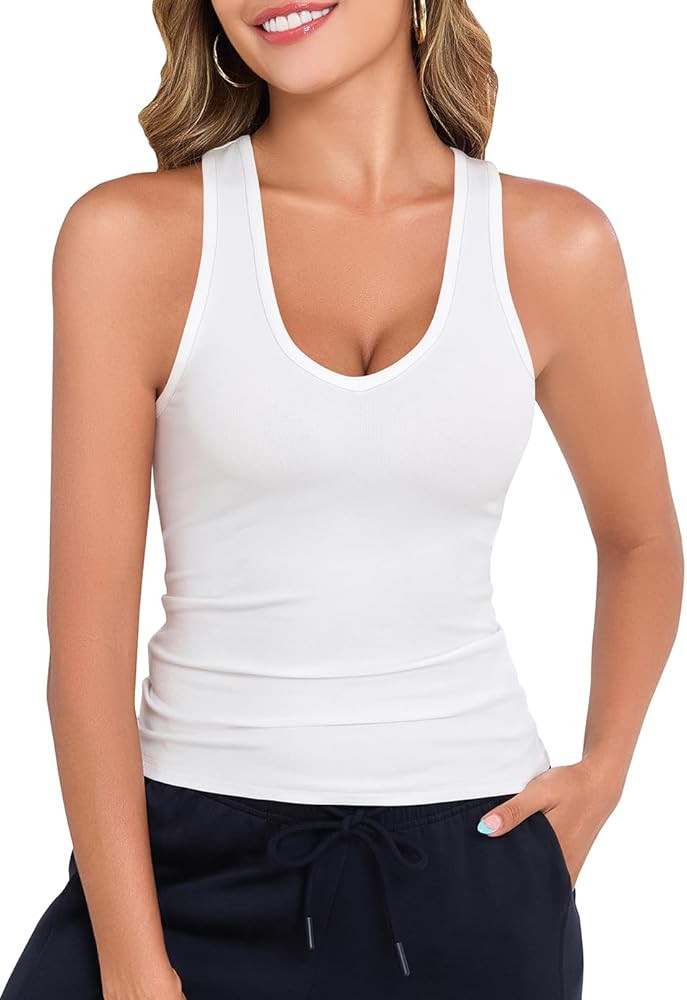 Smile Fish Women Deep V Neck Form Fitting Tank Top Sleeveless Summer Slim Cami Shirts | Amazon (US)