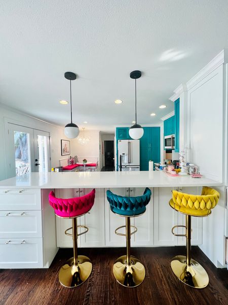 Colorful home decor is my jam! Pink turquoise and yellow barstools took it up a notch! #barstools #homedecor #kitchen 

#LTKstyletip #LTKhome #LTKFind