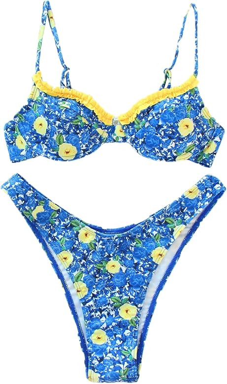 Floerns Women's Floral Frill Trim Underwire High Cut Two Piece Bikini Swimsuit | Amazon (US)