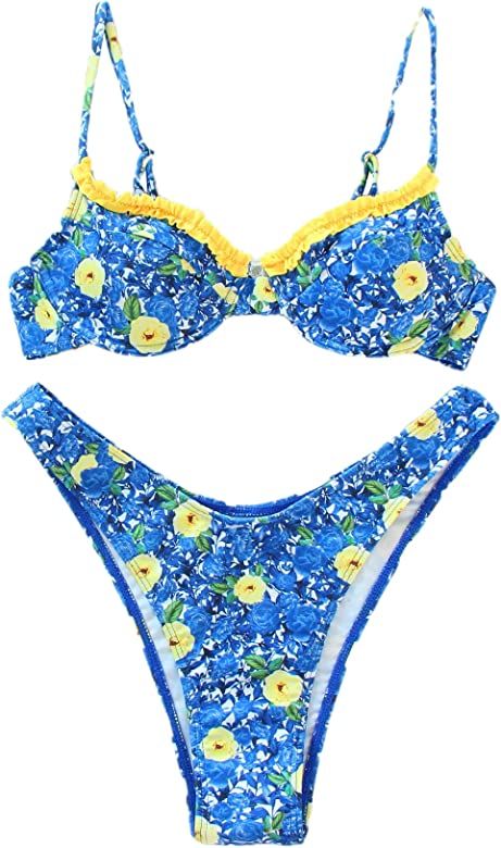 Floerns Women's Floral Frill Trim Underwire High Cut Two Piece Bikini Swimsuit | Amazon (US)