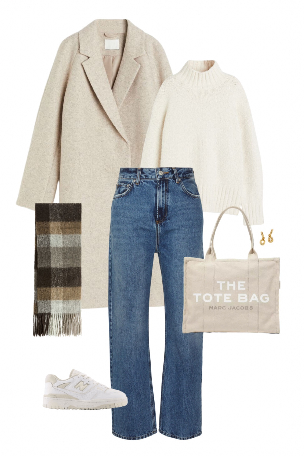 Cute beige fall look: a beige coat, knit jumper, jeans, acne studios inspired scarf, marc jacobs tote bag, new balance sneakers & a pair of gold earrings 

#LTKstyletip #LTKHoliday #LTKitbag