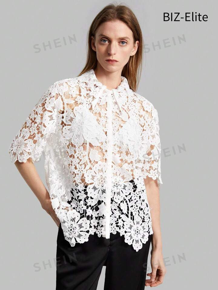 SHEIN BIZwear Blusa De Encaje De Media Manga Para Mujer | SHEIN