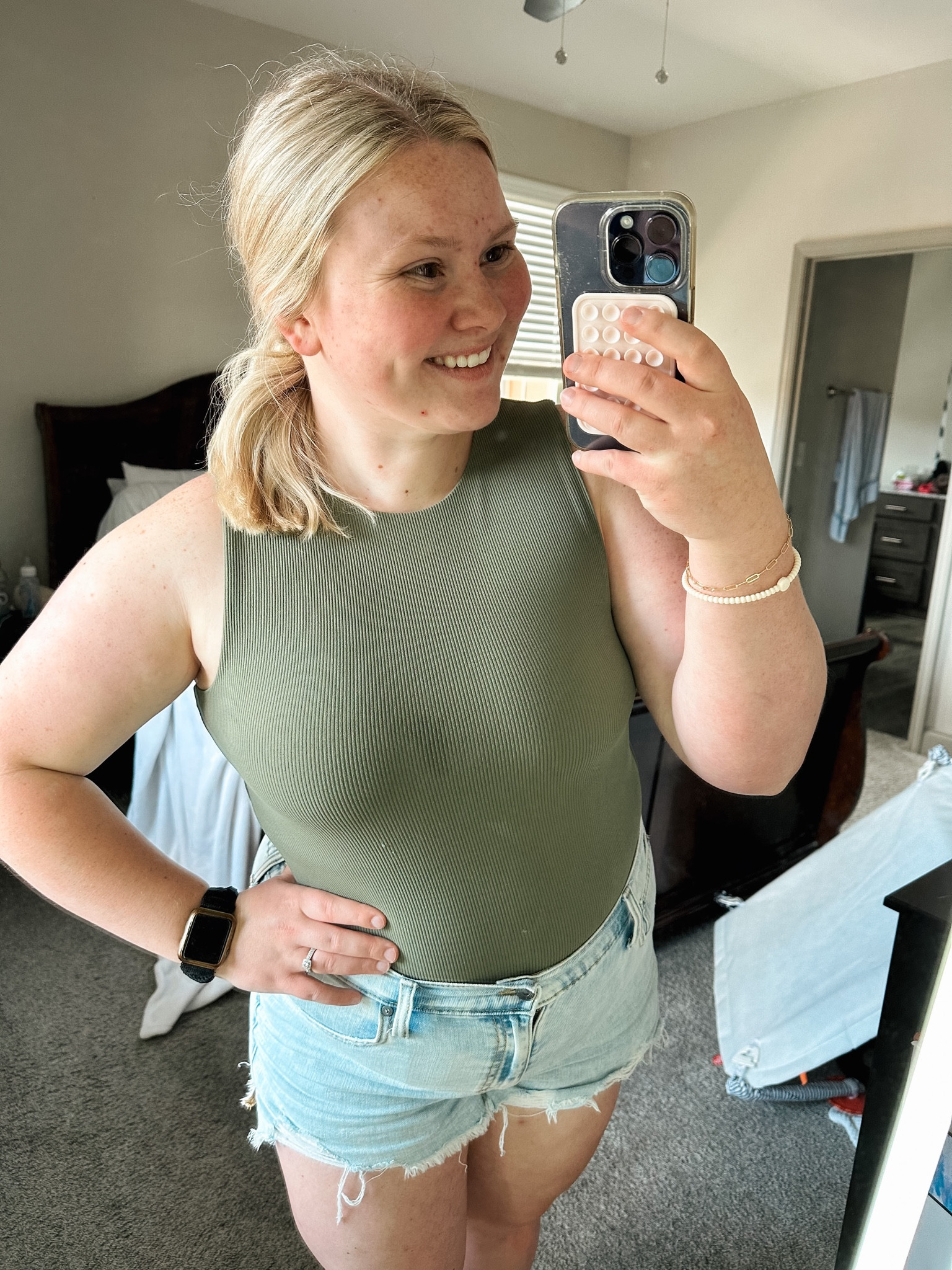 Ribbed green bodysuit from NUUDS with my go too jean stretchy shorts from aerie!! 
#nuuds #aerie 

#LTKcurves #LTKsalealert #LTKstyletip