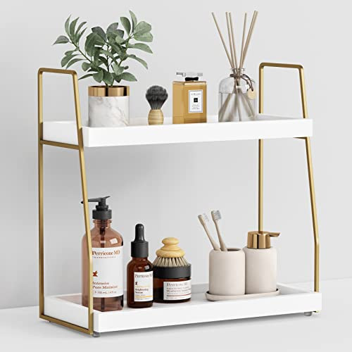 Forbena Bathroom Organizer Countertop, Counter Organizer for Bathroom Decor, Wooden Sink Shelf for Vanity Storage, Makeup Tray for Perfume Skincare Bedroom Kitchen Corner (2 Tier, White and Gold) | Amazon (US)