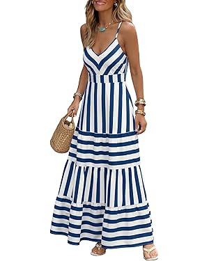 Caracilia Summer Maxi Dresses for Women Spaghetti Strap Back Smocked A Line V Neck Casual Long Dr... | Amazon (US)