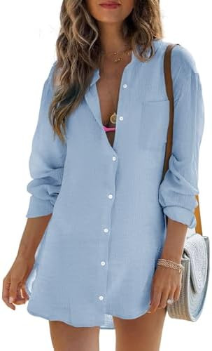 Womens Beach Cover Up Button Down Shirts Summer Cotton Gauze Tops Long Sleeve Bikini Swimsuit | Amazon (US)