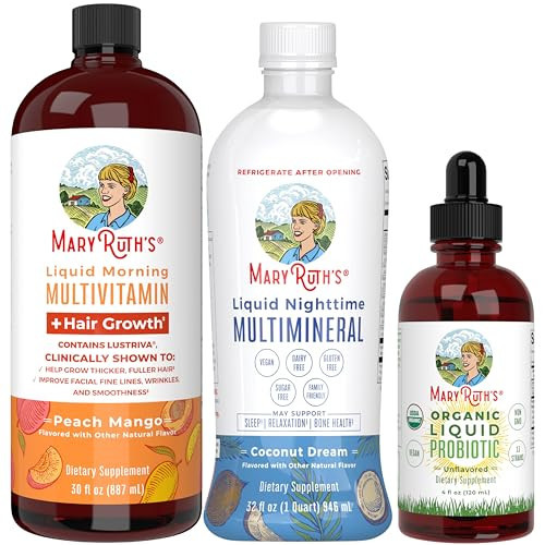 MaryRuth's Morning Multivitamin +Hair Growth (Peach Mango, 30oz), Nighttime Multimineral (Coconut, 32oz) & Probiotic Drops (4oz) | Vegan Vitamins for Beauty, Bedtime Routine, & Wellness | Non-GMO | Amazon (US)