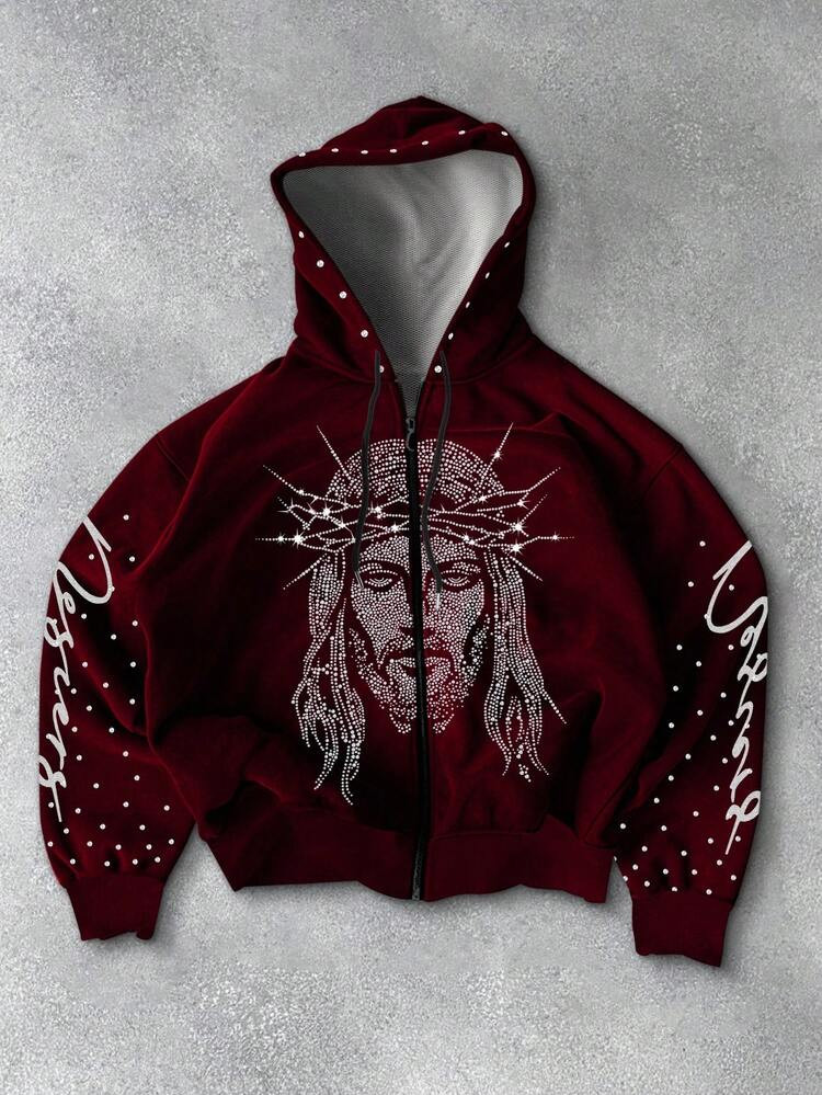 PAVTROS Manfinity Streetrush Men's Minimalist Printed Rhinestone Decor Fashion Long Sleeve Sweatshirt Sweatshirt | SHEIN