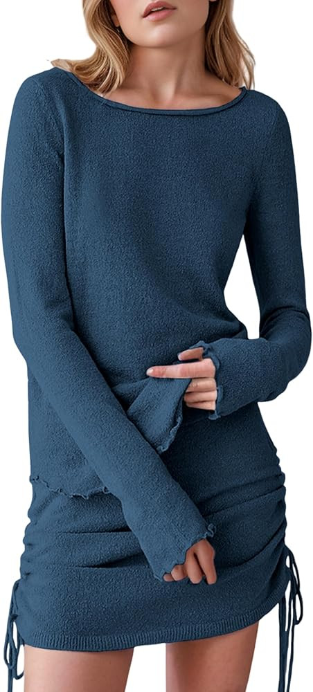 Dqbeng 2 Piece Skirt Sets for Women Knit Long Sleeve Top Side Tie Mini Skirt Set 2024 Summer Outf... | Amazon (US)