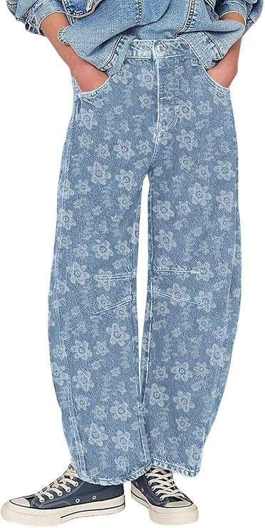 loveimgs Women Baggy Barrel Jeans Jacquard Floral Printed Mid Rise Wide Leg Jeans Boyfriend Elast... | Amazon (US)