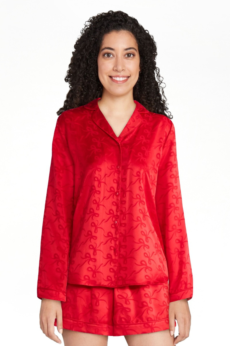 Joyspun Conjunto de Pijama de Manga Larga y Shorts con Muesca de Satén Elástico para Mujer, 2 P... | Walmart (US)