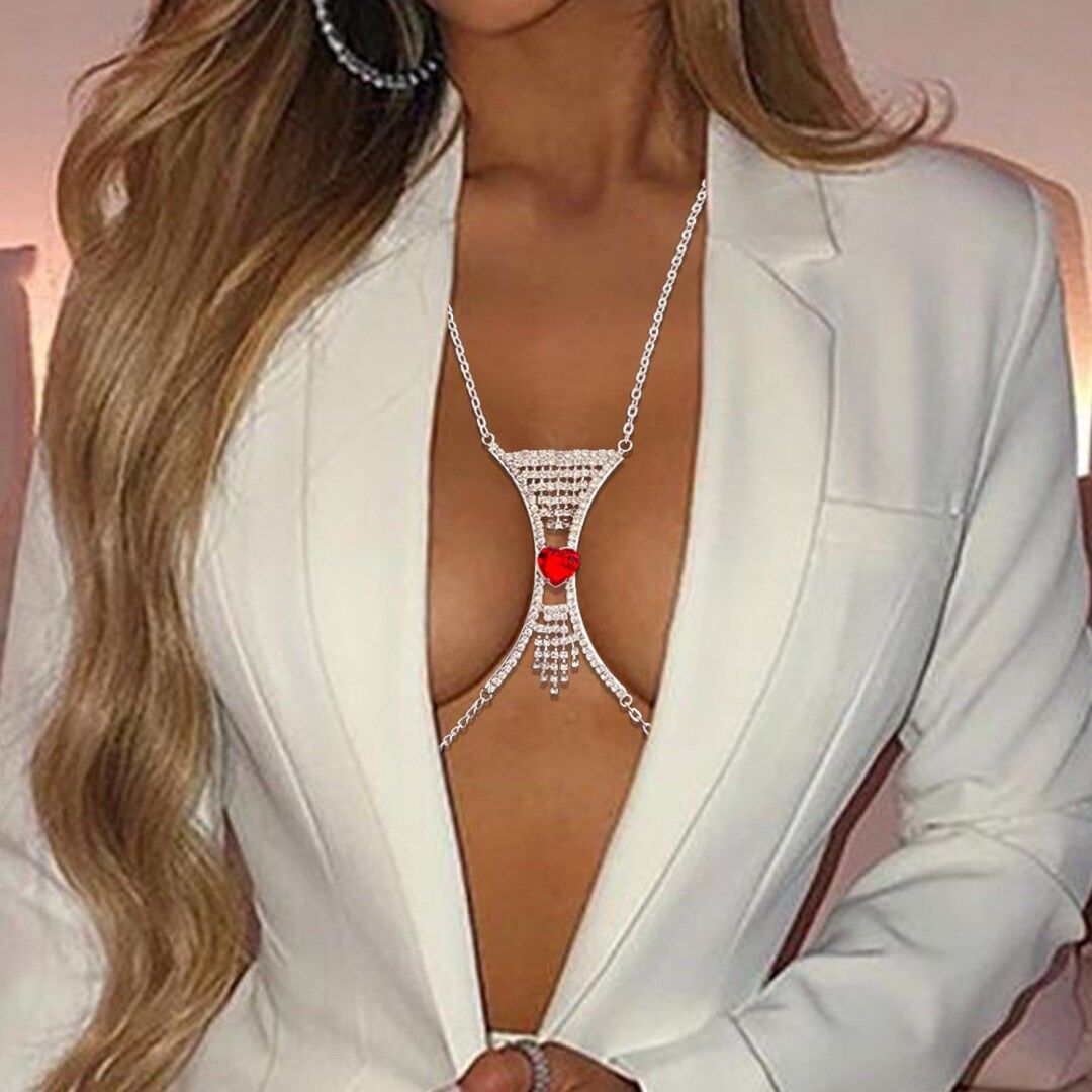 Women's Curved Heart Tassel Rhinestone Body Chain Fashion Bra Jewelry Chest Bracket Crystal Bodie... | Etsy (US)