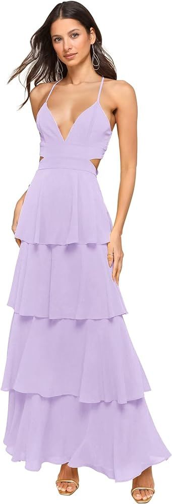 Ruffle Tiered Chiffon Prom Dress 2024 for Women Long Spaghetti Straps V Neck Formal Bridesmaid Dr... | Amazon (US)