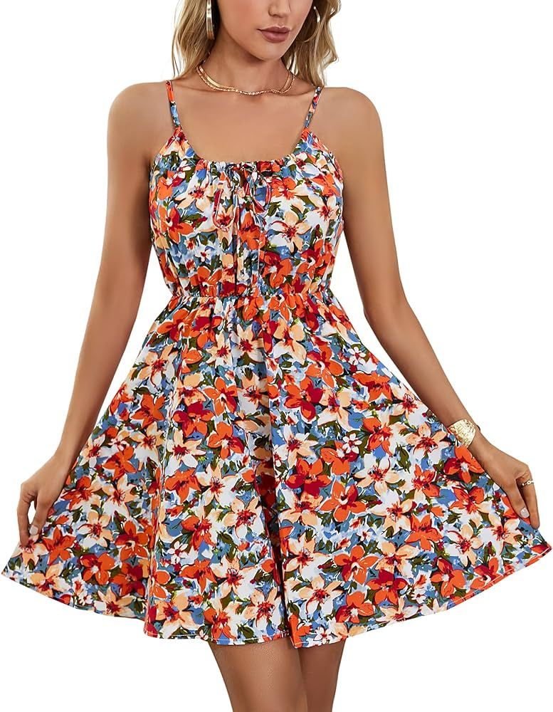 Rooscier Women's Floral Strap Sleeveless Elastic High Waist A Line Swing Mini Dress | Amazon (US)