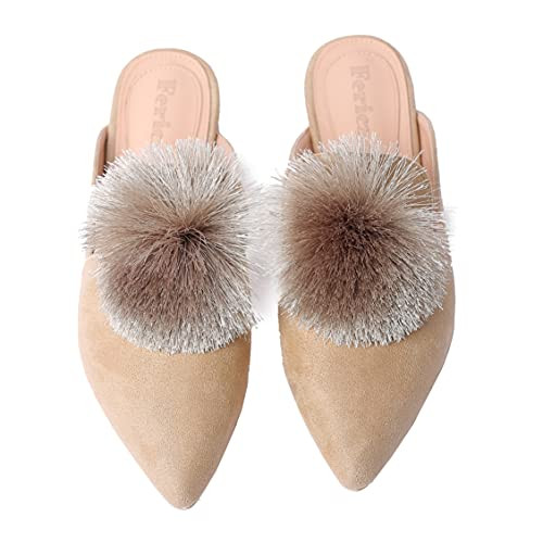 Fericzot Slip On Mule Backless Loafers Flats Puff Pompom Pointed Toe Casual Shoes Slippers | Amazon (US)