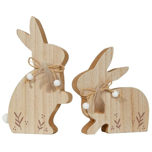 DN DECONATION Easter Bunny Decor Set, 2-Pcs Wooden Rabbit Figurines with Feather & Bead, Rustic Farmhouse Tabletop Centerpiece for Spring Mantel Shelf Home Office Indoor Decorations | Amazon (US)