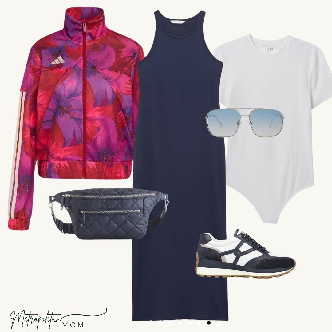 Sporty meets statement.Navy Athleta sleeveless midi dress layered over a white Gap bodysuit, styled with an Adidas x Farm Rio floral jacket, Veronica Beard sneakers, and a navy Quince sling bag.Comfortable for travel, fun enough to stand out—perfect for flights, long days, or casual exploring.

#LTKTravel #LTKActive #LTKSaleAlert