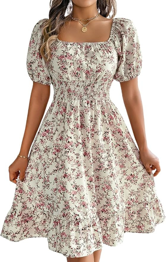 ChiaoLezhee Floral Dress for Women, Puff Sleeve A Line, Spring Tea Party, Knee Length Casual Flow... | Amazon (US)