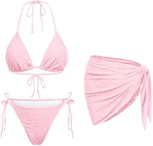 Women 3 Piece Swimsuits - Sexy Triangle Bikini Sets with Cover Up Halter String Tie Side Bathing ... | Amazon (US)