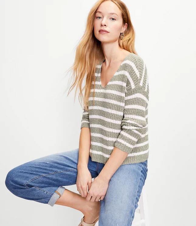 Striped Slouchy V-Neck Sweater | LOFT